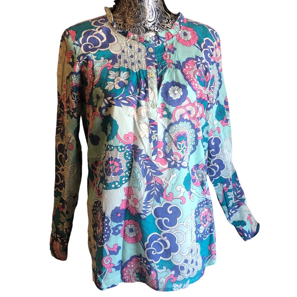Talbots M women's mod floral print pleated ruffle popover long sleeve Blouse Med